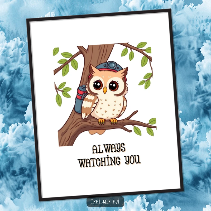Funny poster artwork of a curious owl dressed as a hiker, gazing intently from a tree branch perch.