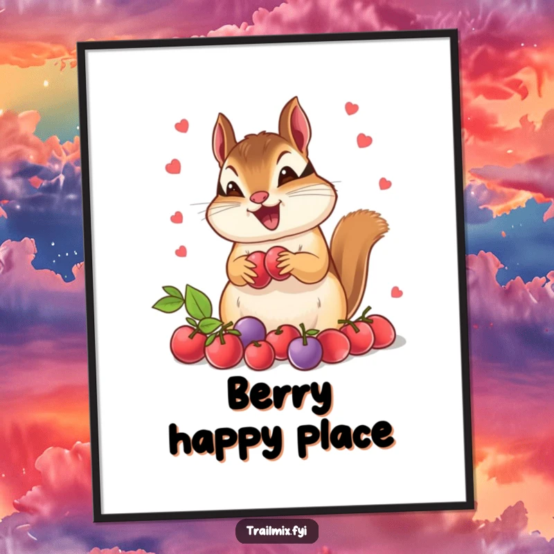 Funny chipmunk poster, captured mid-action with eyes wide open, gathering a huge amount of ripe berries. Joyful woodland art.