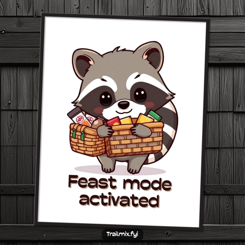 Funny Raccoon Poster: A resourceful raccoon is shown meticulously packing a picnic basket, preparing for a delightful outdoor meal with snacks.