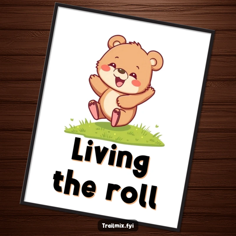 Funny Bear Cub Poster featuring a delighted cub rolling down a grassy hill, perfect for adding whimsical and joyful decor to any space.