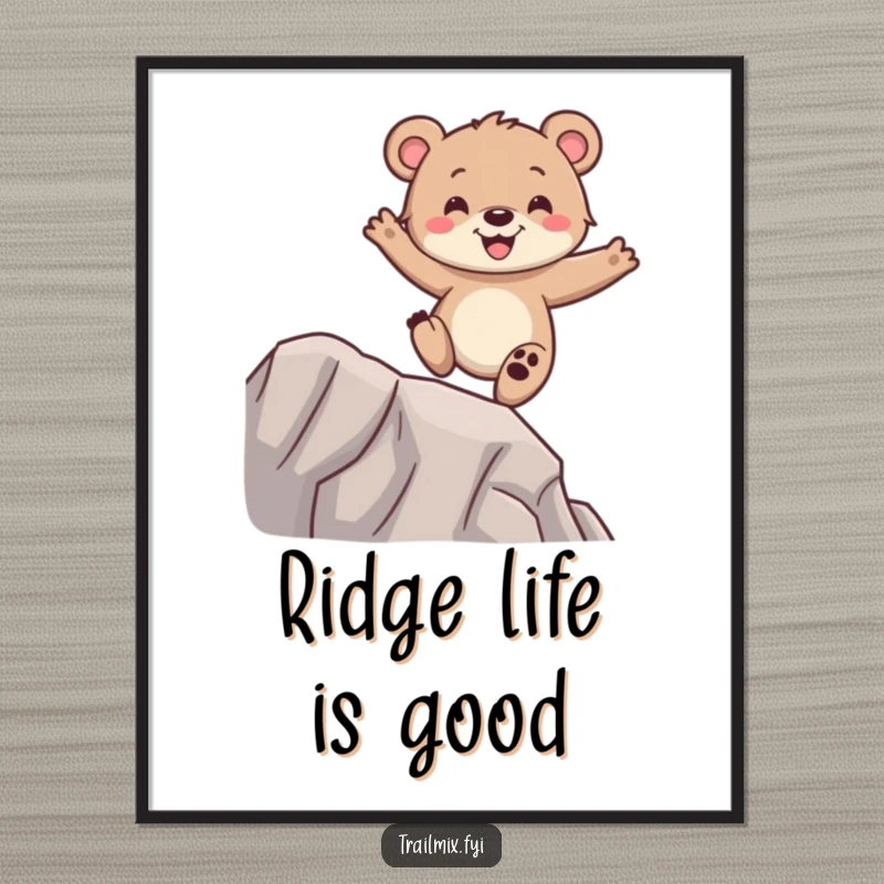 Funny bear cub poster, balancing happily on a ridge, gleeful expression, high-quality art print.