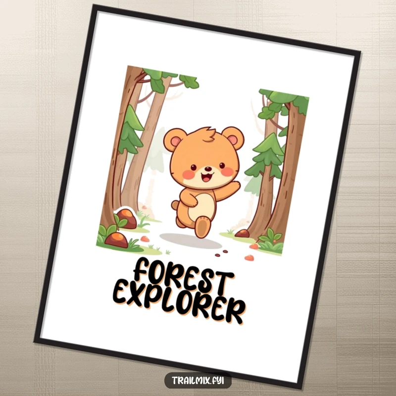 Funny bear cub poster depicting a delighted bear cub skipping with glee along a forest path, a heartwarming woodland scene.
