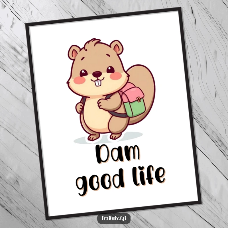 Funny poster of a beaver with a tiny backpack, ready for an adventure, bringing woodland whimsy and humor to any room.
