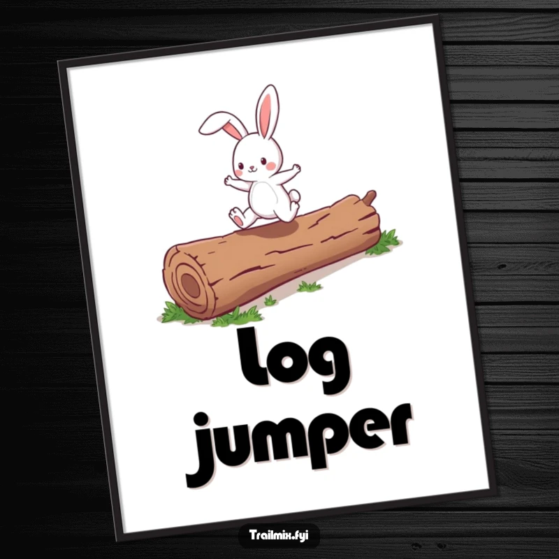 Funny energetic bunny character joyfully skipping over a fallen log, displayed as a cheerful poster.