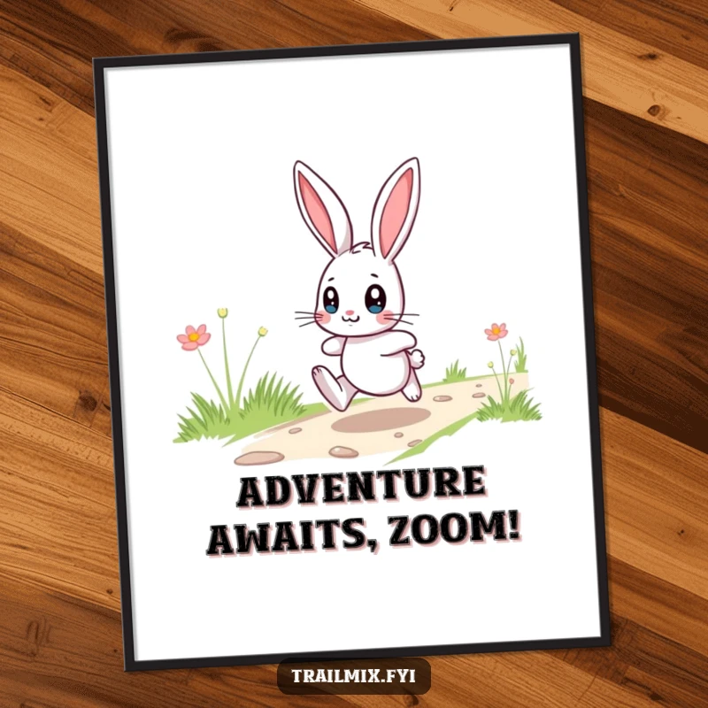 Funny playful bunny hopping across a trail with wide eyes, depicted in humorous poster art.