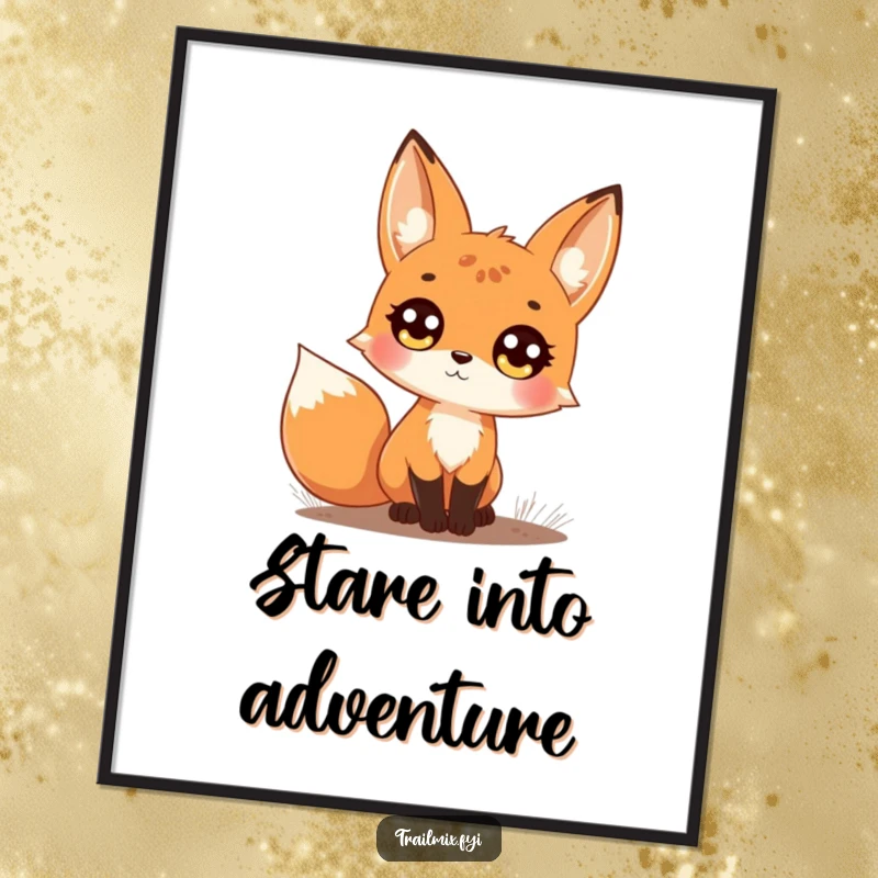 Funny poster of a curious fox on a forest trail, looking up with large, bright eyes, creating an atmosphere of enchantment.