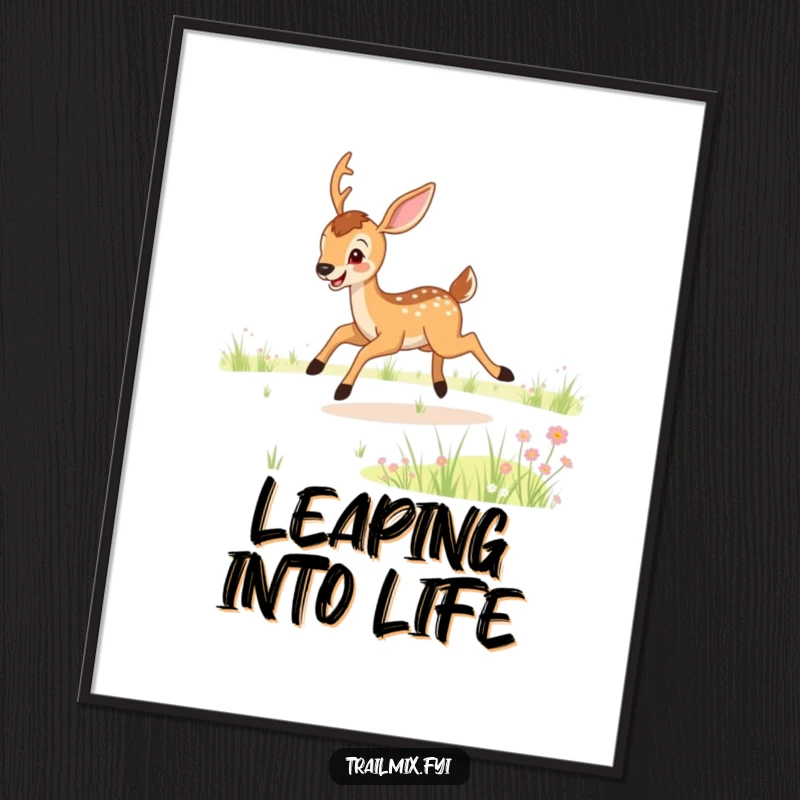 Funny poster featuring a beautiful deer joyfully bounding through a picturesque meadow, a delightful piece of wall art for a funny gift.