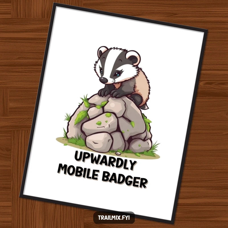 Funny poster art depicts a resolute badger scaling a small, moss-laden boulder, capturing a moment of intense, humorous effort.