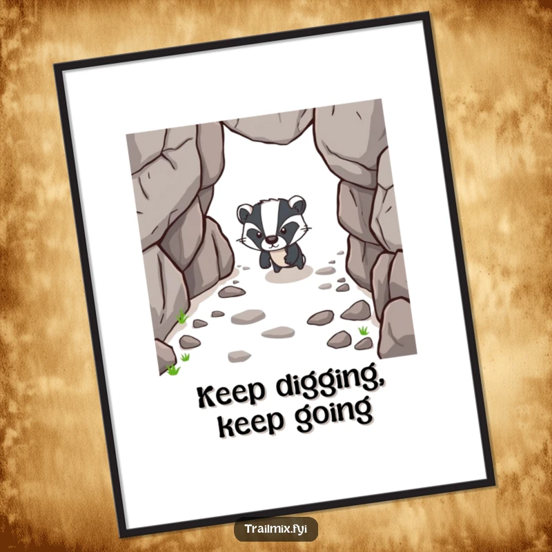 Funny poster artwork of a determined badger character forging ahead on a rocky path, capturing focus and unwavering spirit.