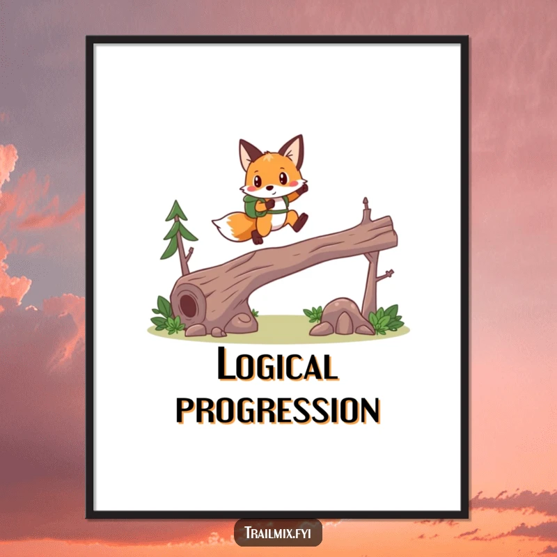 Funny fox hiker poster, dynamic leap over a log, brave and adventurous scene, perfect wall art.