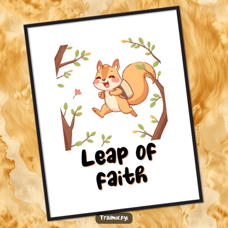 Funny poster of a happy squirrel character joyfully leaping between branches with a backpack, embodying adventure and woodland charm.