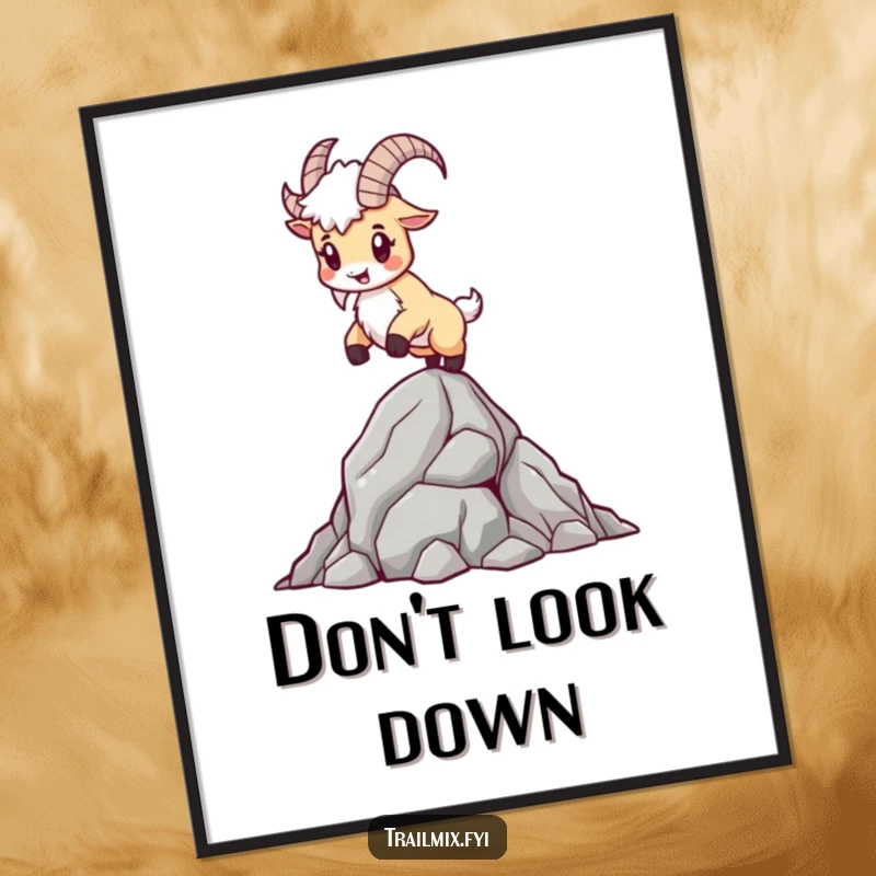 Funny Mountain Goat Poster: A determined goat balances expertly on a rocky outcrop, showcasing bravery and mountain grit.