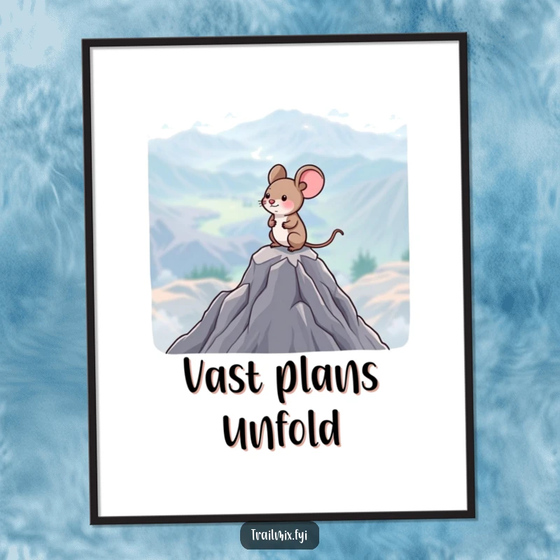 Funny Mouse Poster: A happy little mouse stands on a mountain peak, surveying an immense landscape, bringing a sense of awe.