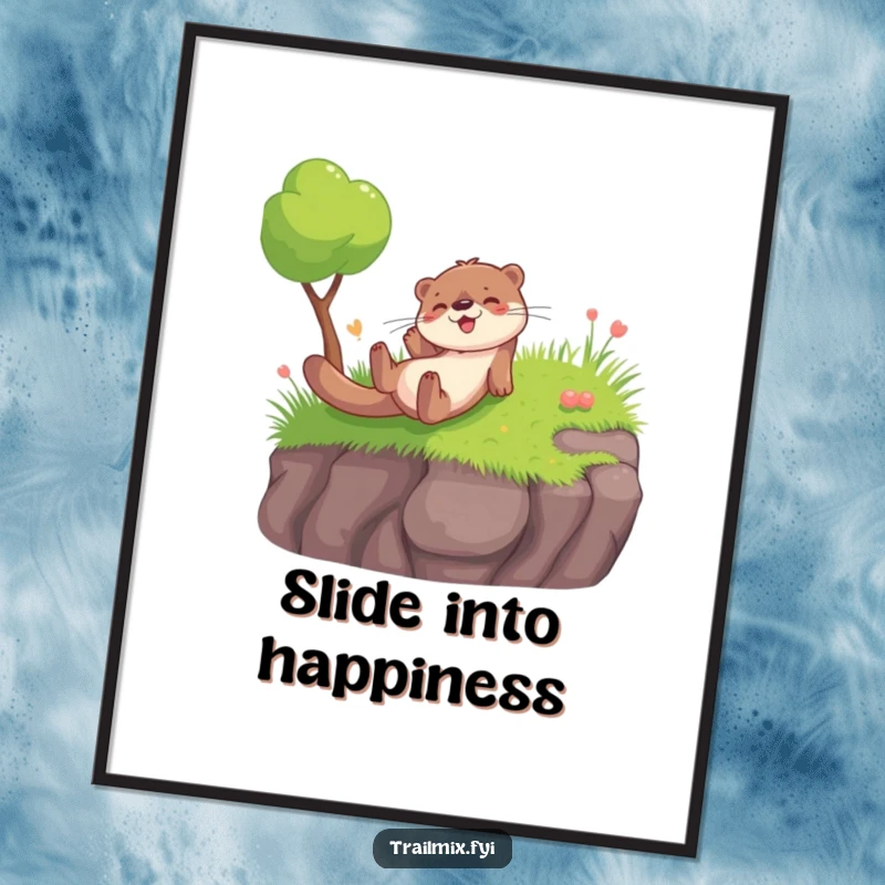 Funny poster of a joyful otter sliding down a grassy hill, a vibrant and humorous piece of wall art.