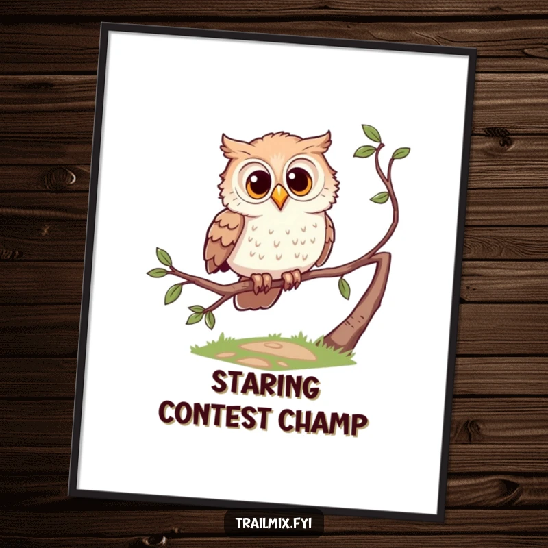 Funny poster featuring a curious owl character perched on a branch, looking down a path with intrigue.