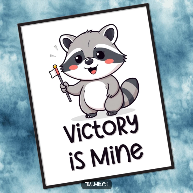 Funny poster of a cheerful raccoon waving a small flag, perfect for adding a touch of fun and celebration to any wall.