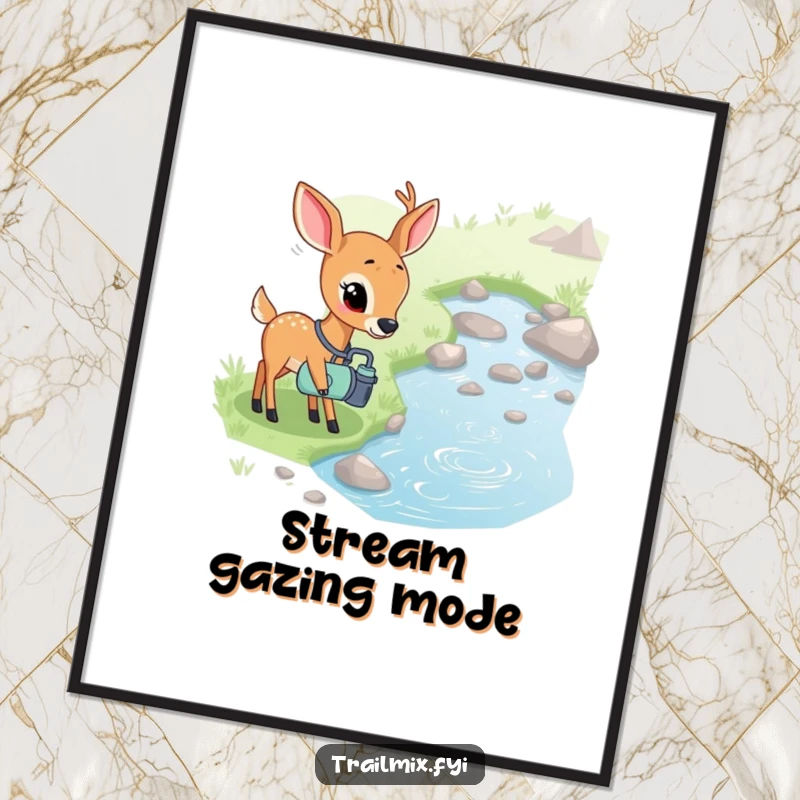 Funny poster of a shy deer with a canteen curiously observing a bubbling stream, bringing peaceful and curious vibes to decor.