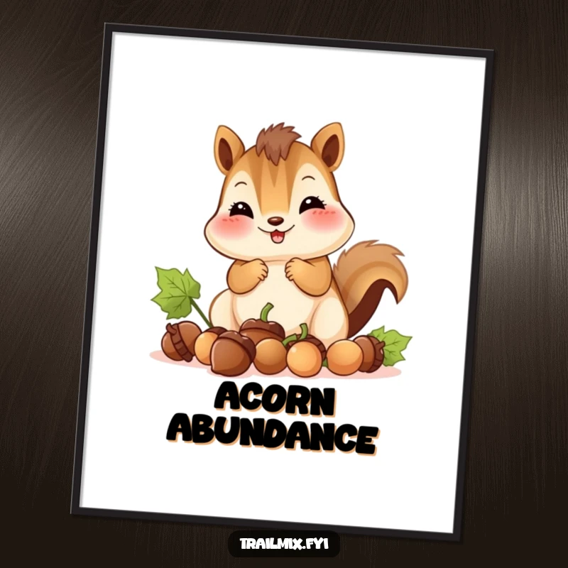 Funny poster art portrays a smiling chipmunk with full cheeks gathering acorns, radiating industrious cuteness and forest charm.