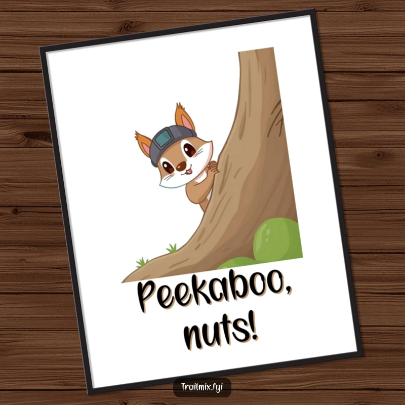 Funny Squirrel Poster: Art print of a curious squirrel wearing a headlamp, excitedly peeking around a large tree, evoking mystery and fun.