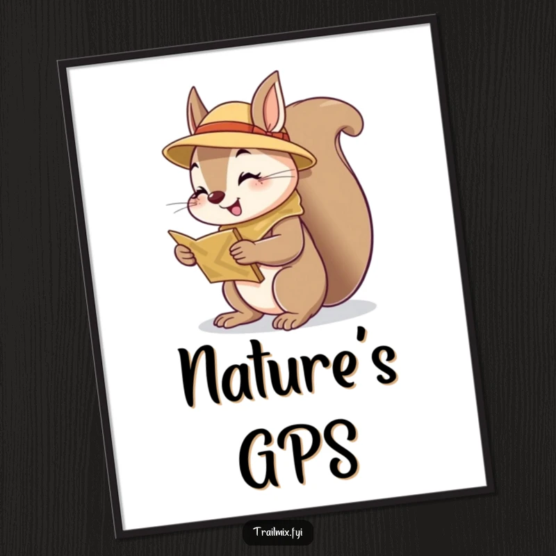 Funny squirrel scout poster, curious with a map, cheerful arctic adventure theme, high-quality wall art print.