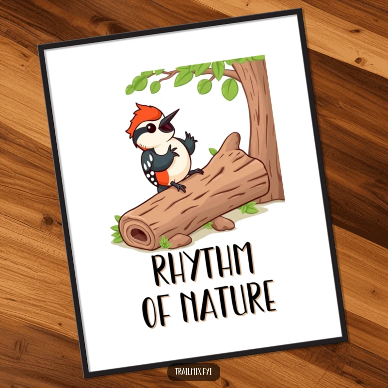 Funny poster of a happy woodpecker rhythmically tapping on a fallen log, bringing nature's music and humor to wall decor.