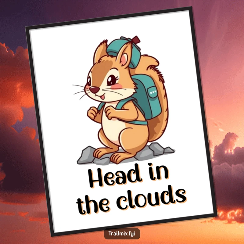 Funny determined squirrel character balancing a backpack on its head while climbing, displayed as funny wall art.