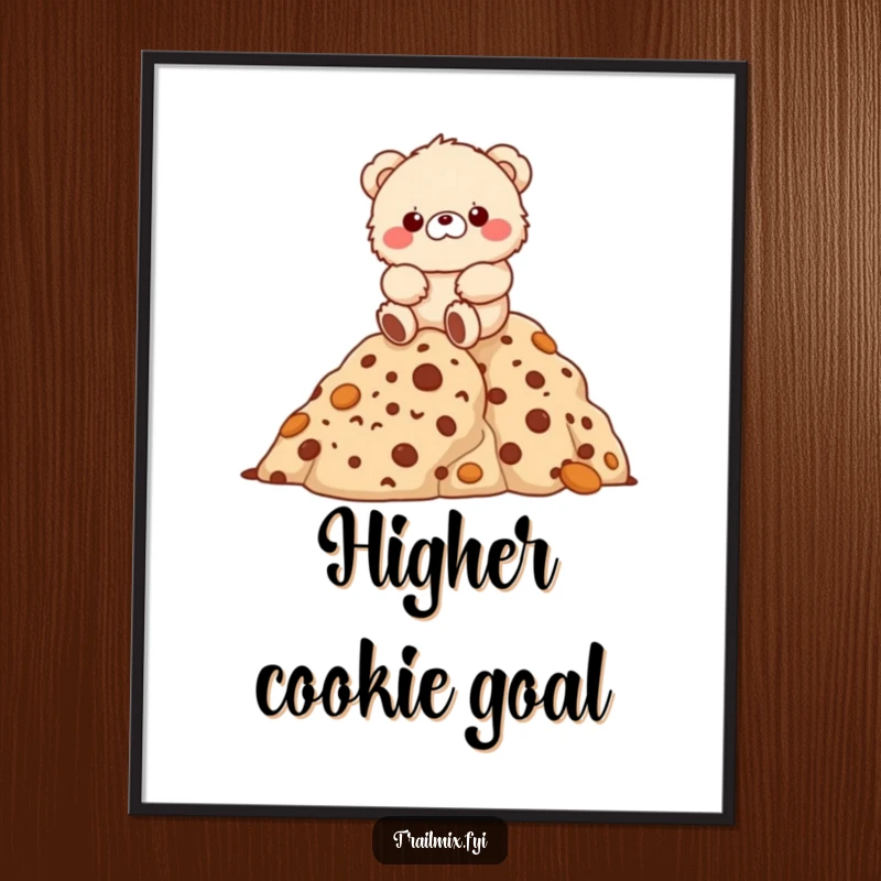 Funny fluffy bear character joyfully hiking up a mountain of cookies, displayed as funny wall art.