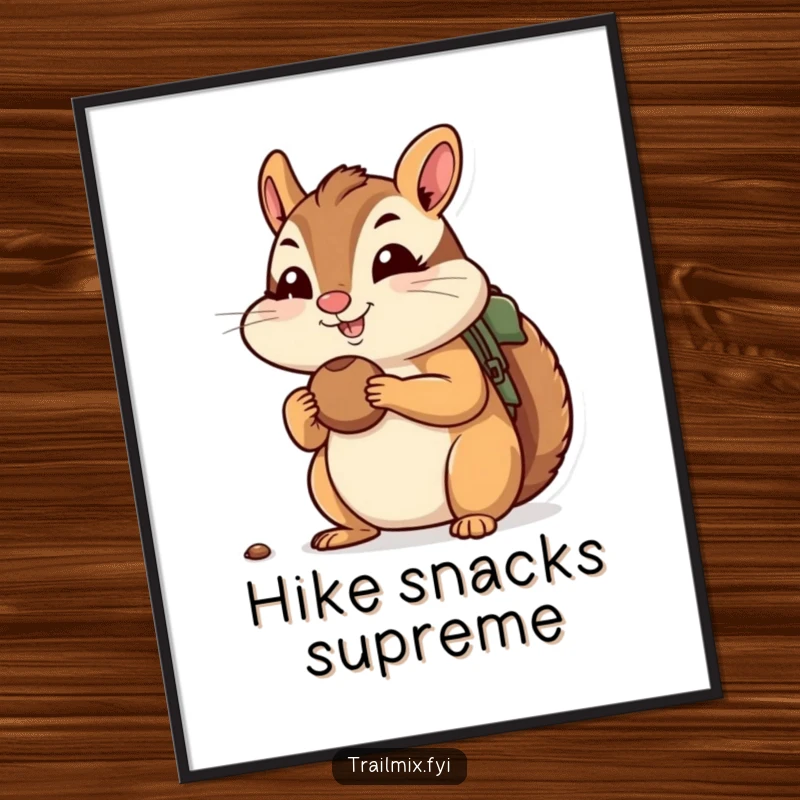 Funny poster of a cheerful chipmunk stuffing its cheeks with nuts, ready for a hike, bringing outdoor charm and humor indoors.