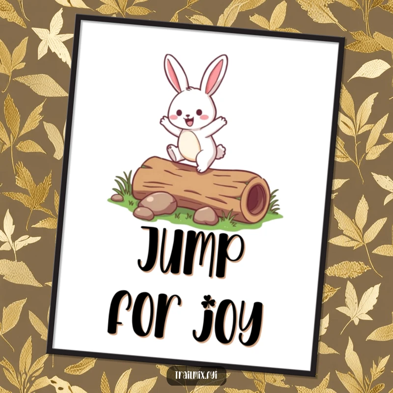 Funny rabbit poster capturing a jovial rabbit in a playful hop over a small fallen log, embodying pure meadow delight.