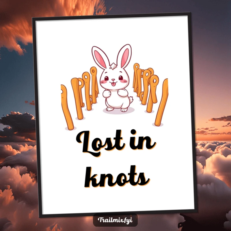 Funny smiling rabbit character happily navigating a maze of pretzel sticks, displayed as funny wall art.