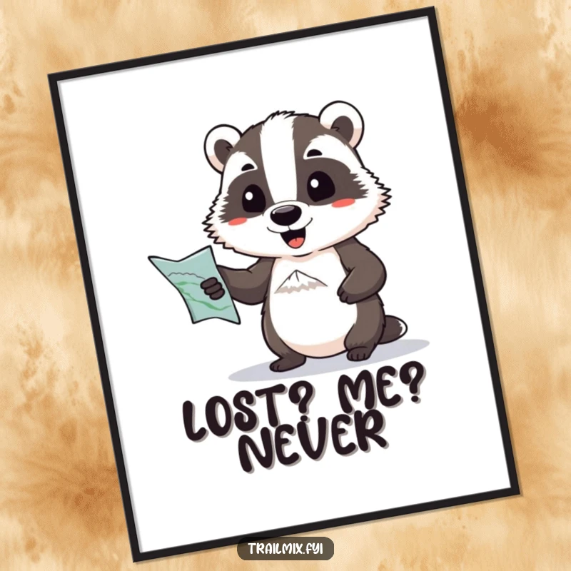 Funny poster: a determined badger with a map comically pointing towards a distant peak, inspiring adventure and humorous motivation.