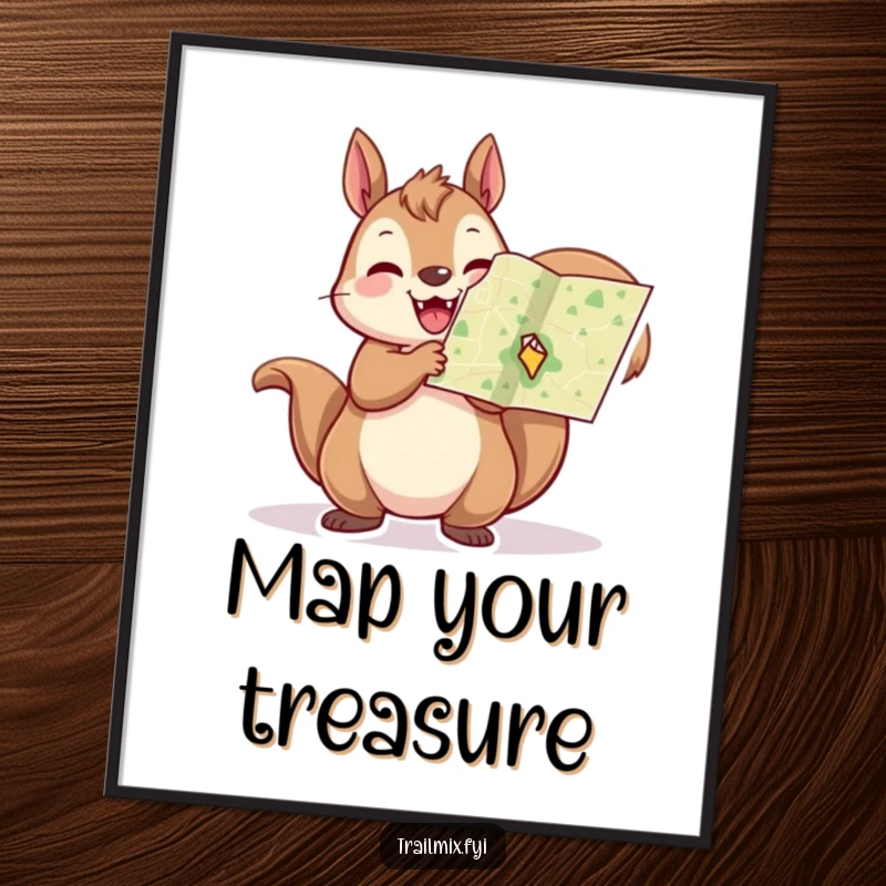 Funny squirrel poster captures a cheerful squirrel holding a tiny map aloft, symbolizing adventure and discovery.