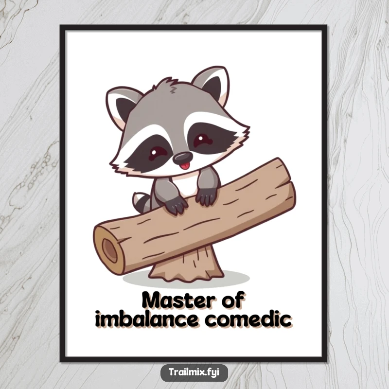 Funny poster of a playful cartoon raccoon comically attempting to balance on a log, adding whimsical humor to decor.