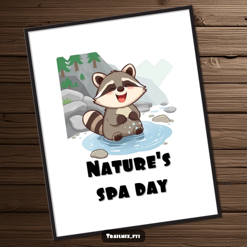 Funny Raccoon Poster capturing a joyful raccoon mid-paw wash in a clear stream, a perfect piece of whimsical and humorous wall art.