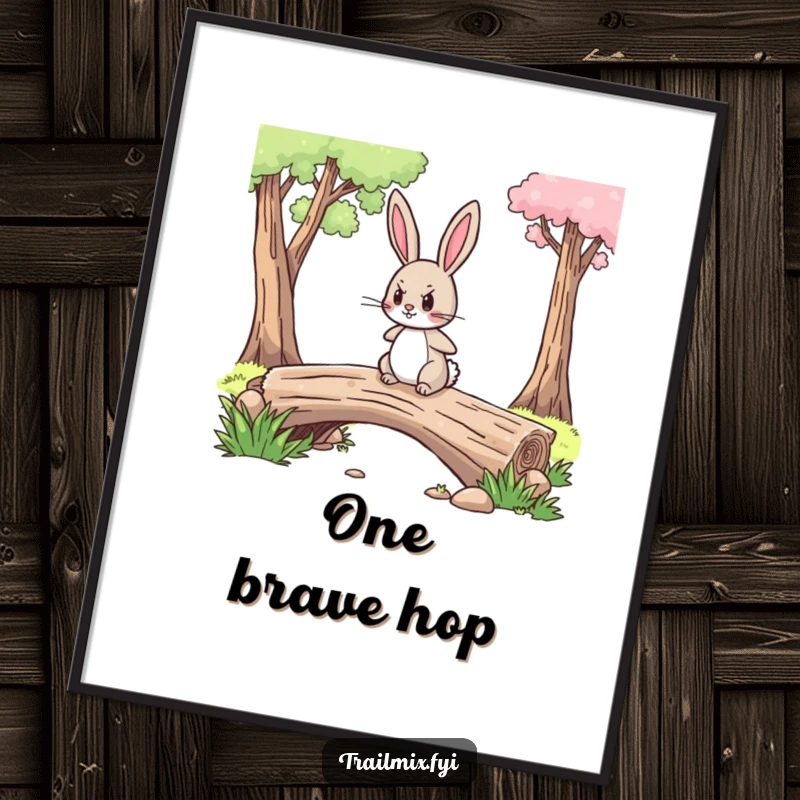 Funny poster of a brave little rabbit with a determined expression confidently crossing a log bridge, symbolizing courage.