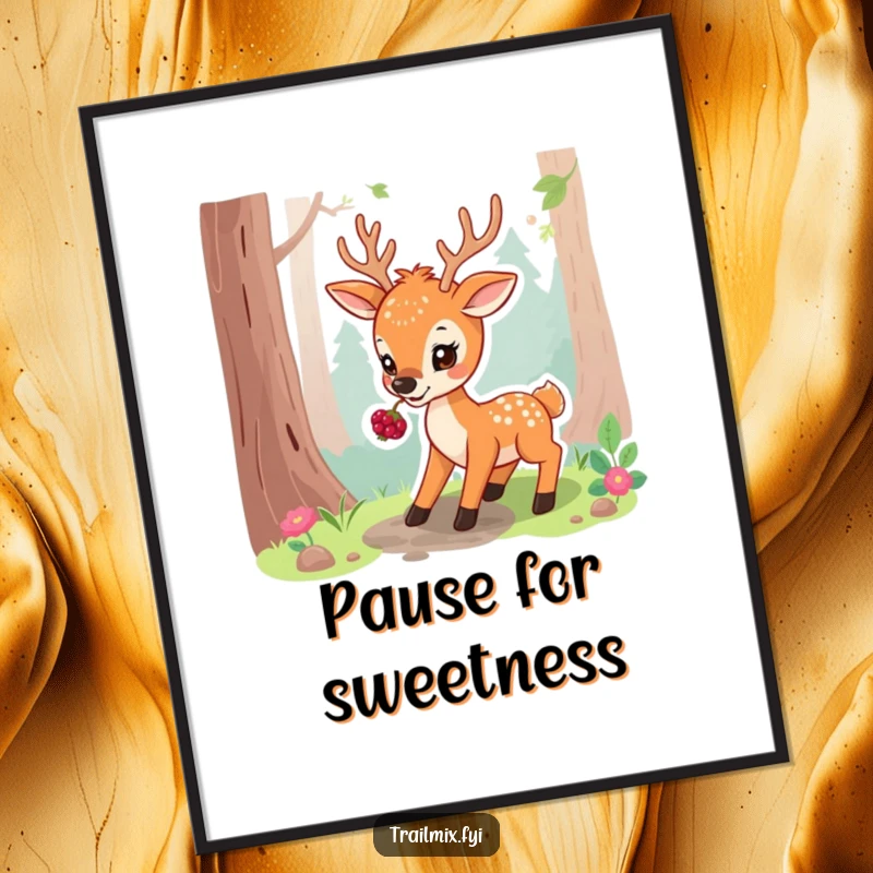 Funny poster of a playful deer pausing on a forest path, gently nibbling on a berry, evoking peacefulness.