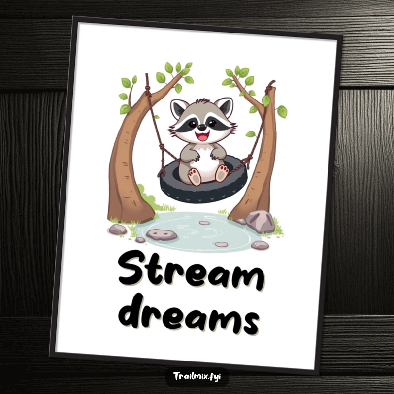 Funny joyful racoon poster, captured in mid-swing with a wide, happy expression. Whimsical and charming wall decor.