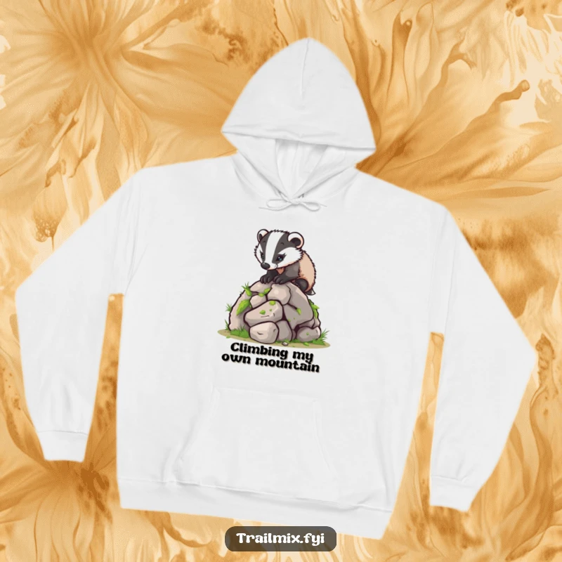 Funny hoodie displays a gritty badger heroically climbing a miniature moss-covered rock, radiating determination and outdoor fun.