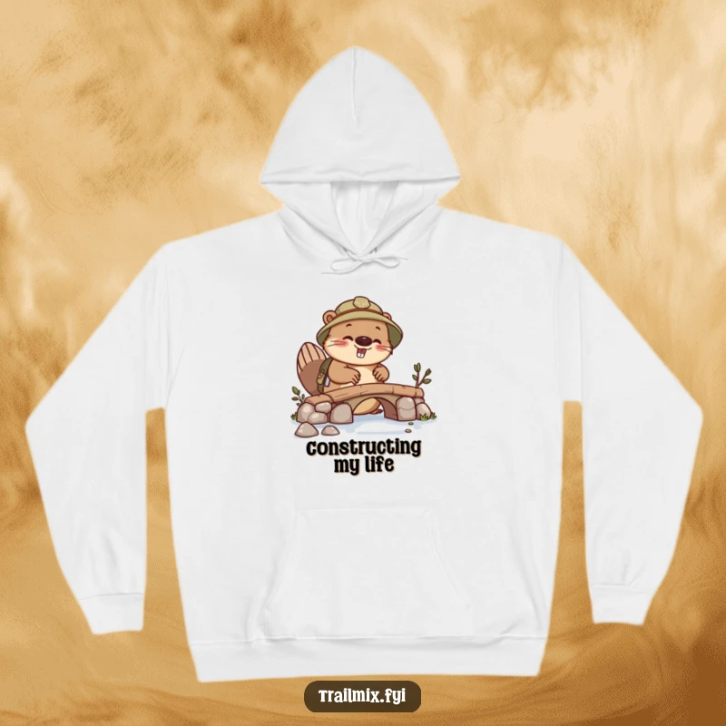 Funny beaver explorer hoodie, busy building a bridge, warm and comfortable, for the hardworking individual.