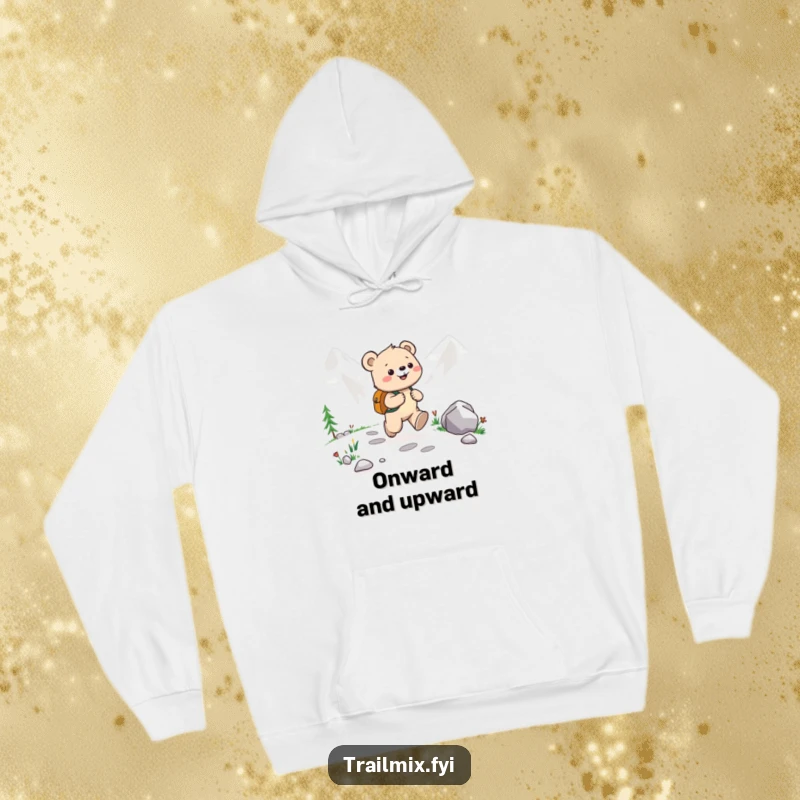 Funny Bear Cub Hoodie: Soft hoodie featuring a happy bear cub with a backpack joyfully skipping along a mountain path, full of life.