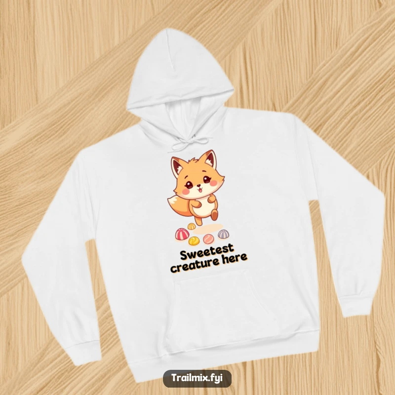 Funny fox character skipping on a candy trail, featured on a warm and humorous hoodie, a sweet gift.