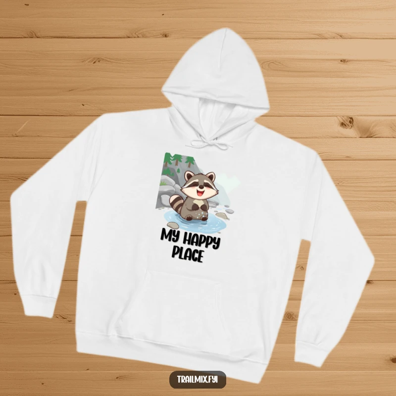 Funny Raccoon Hoodie showcasing a gleeful raccoon washing paws in a refreshing mountain stream, radiating infectious happiness and cozy vibes.