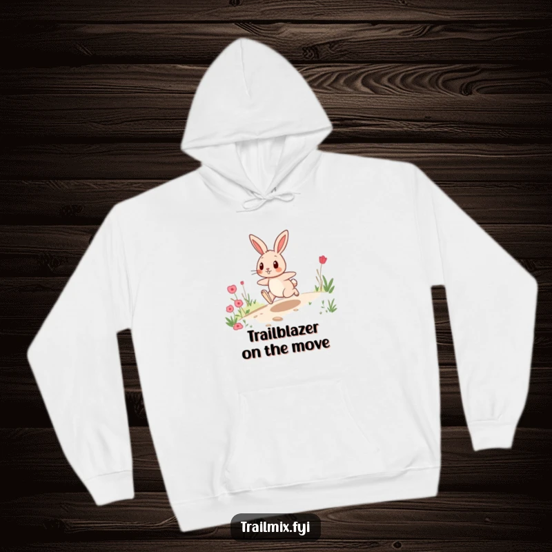 Funny hoodie showcasing a playful rabbit in mid-hop along a trail, perfect for cozy days and energetic spirits.