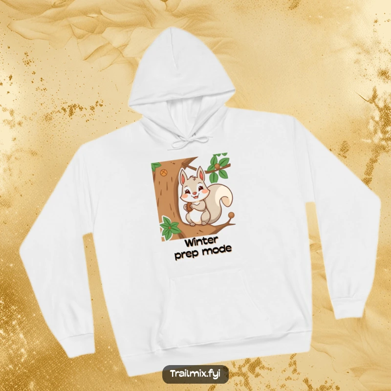 Funny hoodie featuring a smiling squirrel character intently storing nuts in a tree, representing focus and winter prep.