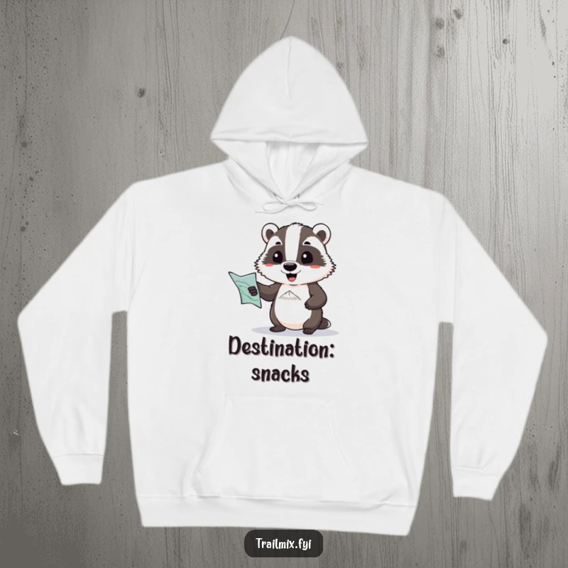 Funny hoodie: a determined badger with a map comically pointing towards a distant peak, offering warmth and humorous motivation.