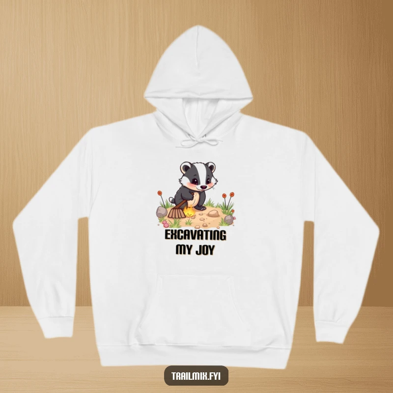 Funny hoodie shows an energetic badger digging with great enthusiasm, offering warmth and a humorous symbol of driven ambition.