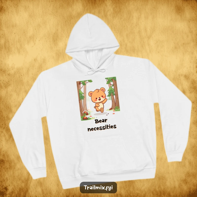 Funny bear cub hoodie showing a delighted bear cub skipping along a forest path, offering warmth and woodland charm.