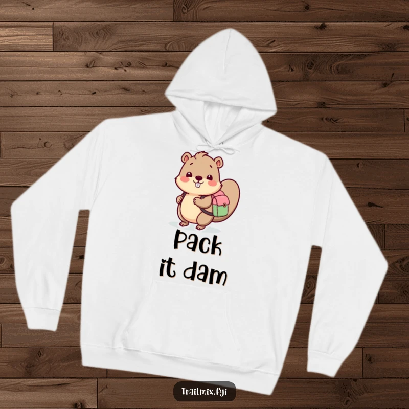 Funny hoodie featuring a happy beaver with a backpack, providing warmth and a touch of woodland humor for adventurers.