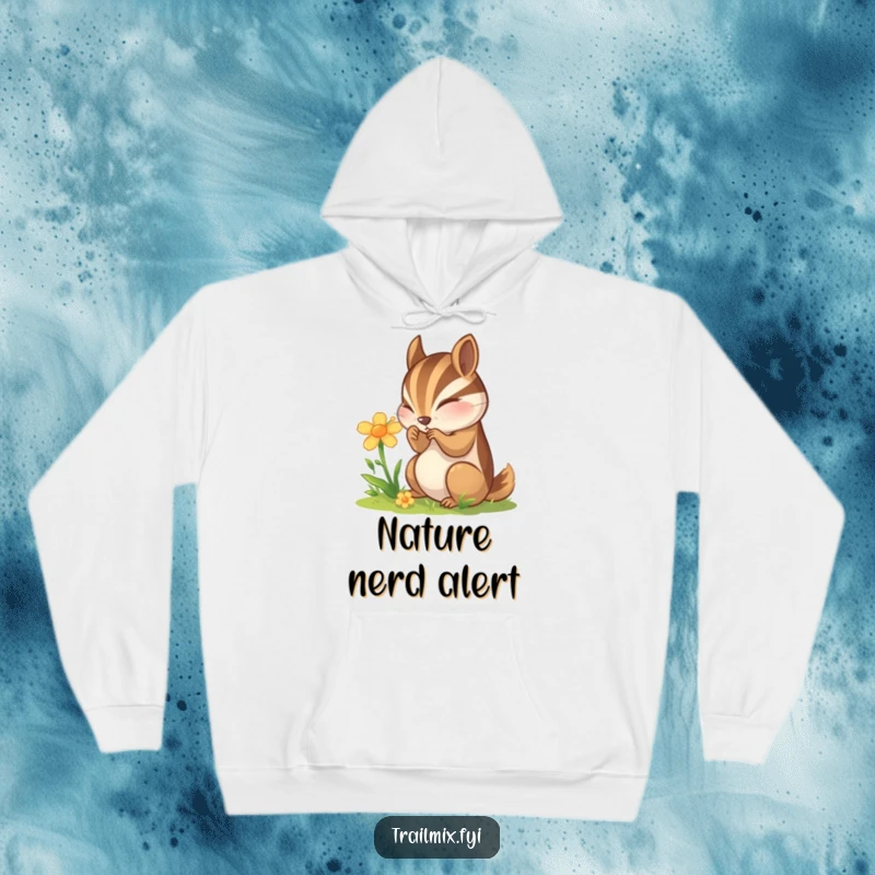 Funny Chipmunk Hoodie: A curious chipmunk is depicted closely inspecting a blooming wildflower, embodying a love for nature.