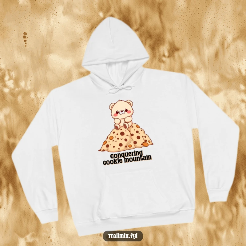 Funny fluffy bear character joyfully hiking up a mountain of cookies on a cozy hoodie.